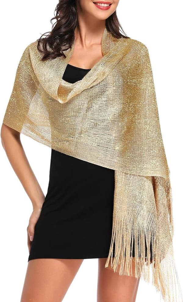Dame metallic tørklæde, glitrende polyester frynset wrap med klips til bryllupper, aftenfester og strandferier, guld