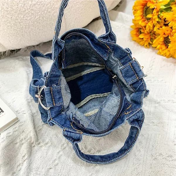 Multifunksjonell Myk Denim Lomme Skulderveske Dame Shopper Mørkeblå