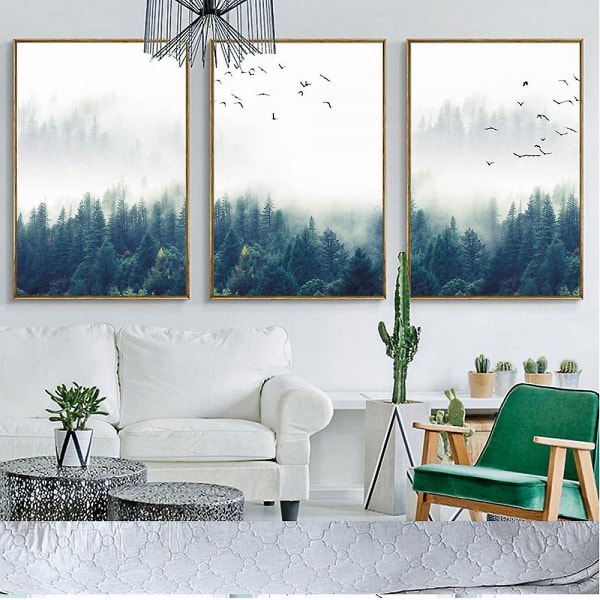 Wekity Misty Forest -seinätaide, kangaspainatusjuliste, yksinkertainen muotivalokuvaustaide kodin olohuoneeseen, makuuhuoneeseen, toimistoon (3 osaa kehystämättömänä, 16 x 20 tuumaa)