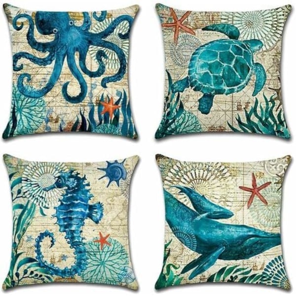 Outdoor Cushion Cover, Set of 4 Waterproof Blue Marine Life Pattern Sofa Cushion Cover for Patio Garden Living Room Bedroom Decoration, 45x45cm