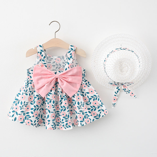 /HA/Sommarfödd Baby Kläder Småbarn Flick Kläder Bomull Strand Hängselklänning+Solhatt Prinsessklänningar 2 st Green 6-9M
