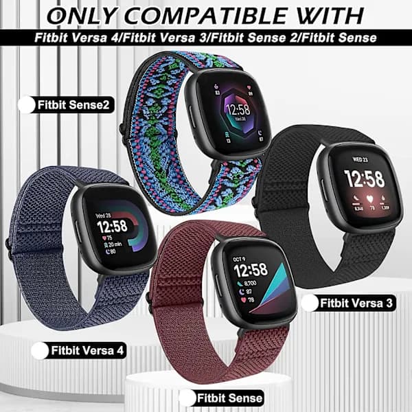 Pakke Elastiske Nylonbånd Kompatible med Fitbit Versa 4 Armbånd/Fitbit Versa 3 Armbånd/Fitbit Sense Armbånd/Sense 2 Armbånd Blødt Loop Justerbart Sp...