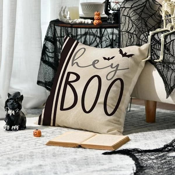 HA-Halloween Hey Boo Søde Spøgelser Skræmmende Pudebetræk, 45 x 45 cm Horror Pudebetræk til Sofagruppe med 4, Sort