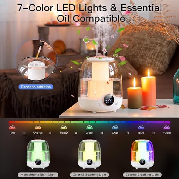 Luftfukter 3L med stille tåke – Smart timer, doble dyser, LED-lys – Perfekt for soverom og barnerom