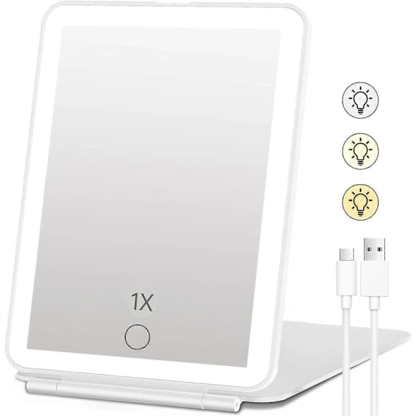 HA~Makeup Spejl Genopladeligt, Bærbart USB Makeup Spejl med 3 farver 72 LED-belysning, Touchsensor Dæmpning, Bordkosmetik