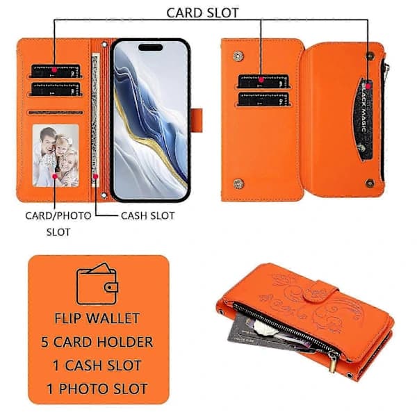 Lommeboketui for iPhone XR Brodert Sommerfugl 5 Kort ... [] Oransje