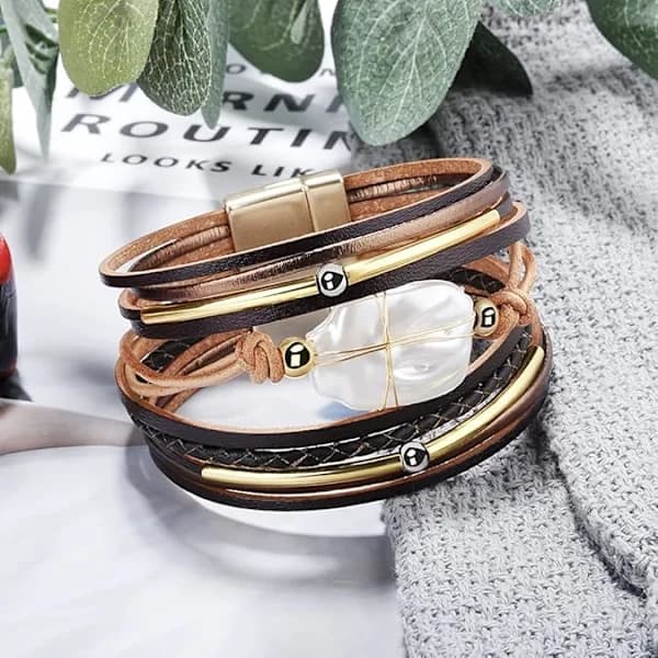 1 kpl Nahkarannekoru naisille, Boho Leopard Monikerroksinen Kristallipärjäinen Hiharannekoru Korut