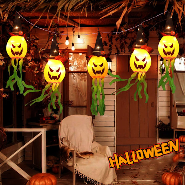 Halloween-ripustuskoristeet Noita Kurpitsa Tuulisoppi Lippu LED-valoilla Sisä- ja Ulkokäyttöön (Oranssit 5 kpl, Yksi Koko)