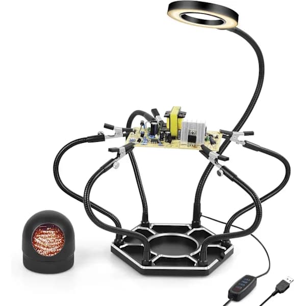 HA~Tredje hånd loddeassistent med 6 fleksible arme og 3x forstørrelsesglas til elektronikreparation, modelhobby