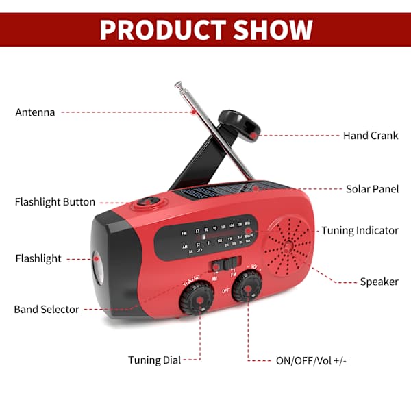 Veivradio med solcellepanel, lommelykt og 2000mAh powerbank