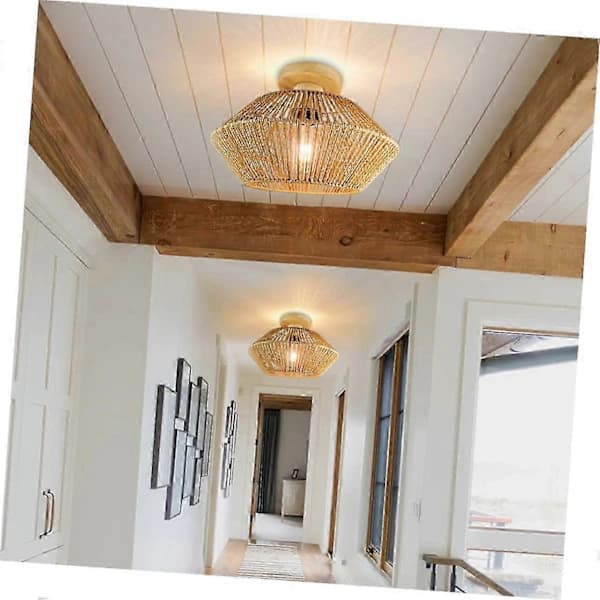 Boho Semi eldre Taklampe LED Taklampe eldre Taklampe Rotting Halmrep Badlampskjerm