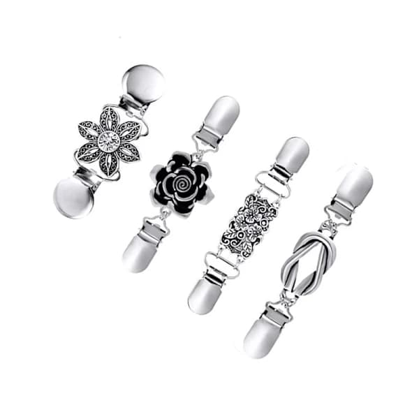 Set med 4 silverfärgade tröjklämmor, pärlklämmor för kofta, elegant p