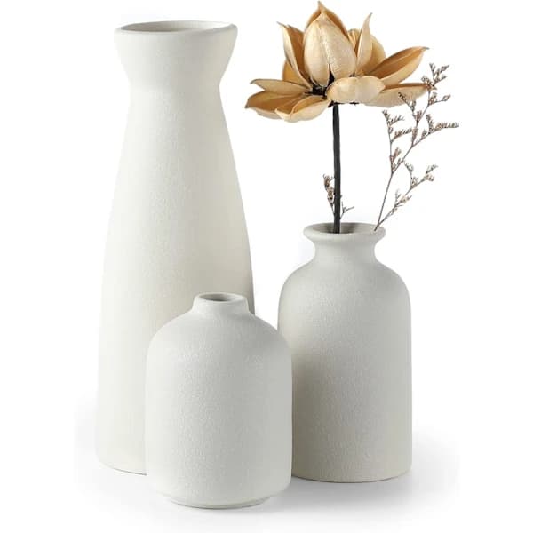 HA~Vit Keramisk Vas Set-3 Små Blomvaser för Dekor, Modern Boho Bondgård Heminredning