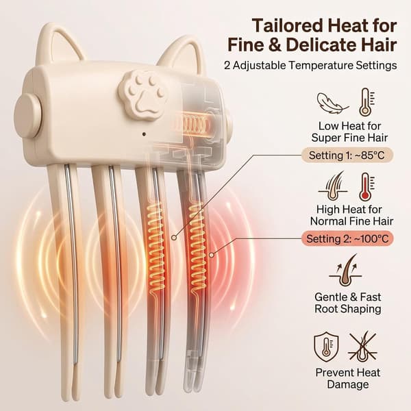 Opvarmede Root Volumizer Clips, 2-delt sæt, Dobbelt temperatur, USB-C genopladelig, Til fint fladt hår, Bærbar Pink og Creme
