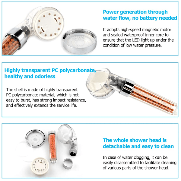 LED-suihkupää, väriä vaihtava, käsisuihkupää, korkeapaineinen, veden säästävä, suihkupää, valaistu, irrotettava, ioninen