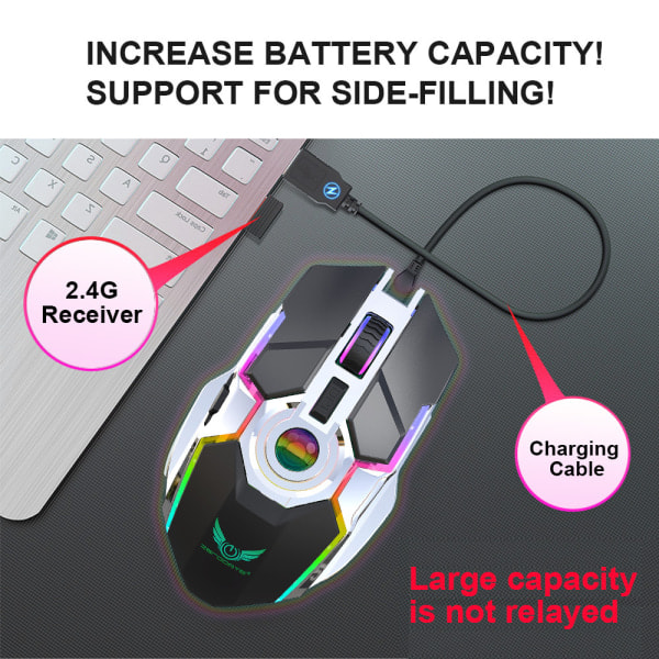/HA/Trådlös mus Uppladdningsbar RGB-belysning 2,4G-mus Ergonomisk design ABS-material (svart)