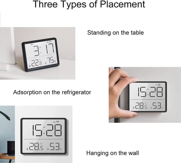 Digital HHArometer Termometer Vækkeur, LCD Temperatur Og Fugtighed, 12/24 Timer, °C/°F, Magnetisk Montering, Hjemmekontor, Sort
