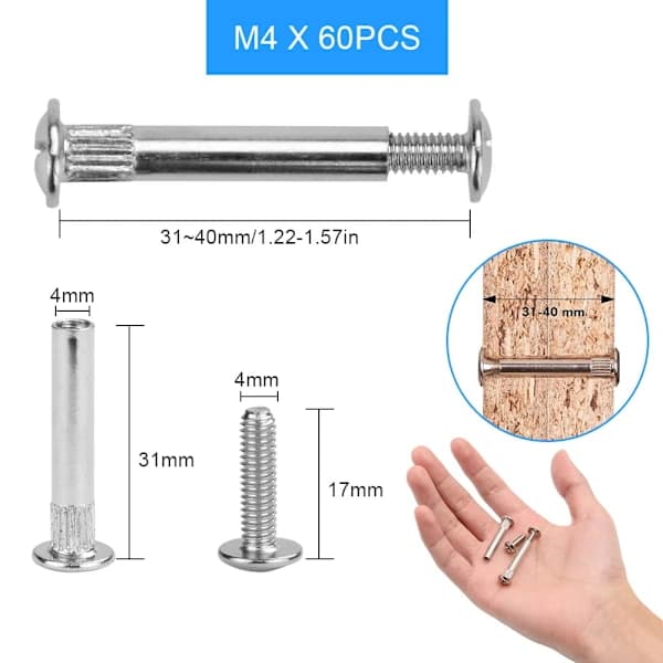 60 stk. M4 møbelmonteringsskruer, forbindelsesskruer, med boltforniklede jernforbindelsesskruer, til 31-40 mm tykt træ, sølv-FM-