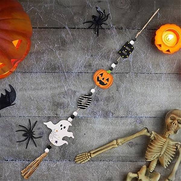 Halloween-puinen helmi-helminauha, jossa kurpitsa, lepakko ja aave - Rustiikkinen riipusseinävaate, helminauha