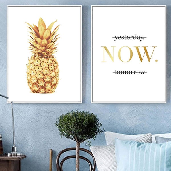 Wekity Golden Pineapple og tekst veggkunst lerretstrykk plakat, enkel mote kunsttegning dekor for hjem stue soverom kontor og barnerom