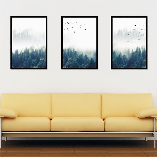 Wekity Misty Forest Veggkunst Lerretstrykkplakat, Enkelt Motefotografi Kunstdekor for Hjem Stue Soverom Kontor (Sett med 3 Uinnrammet, 8'x10'