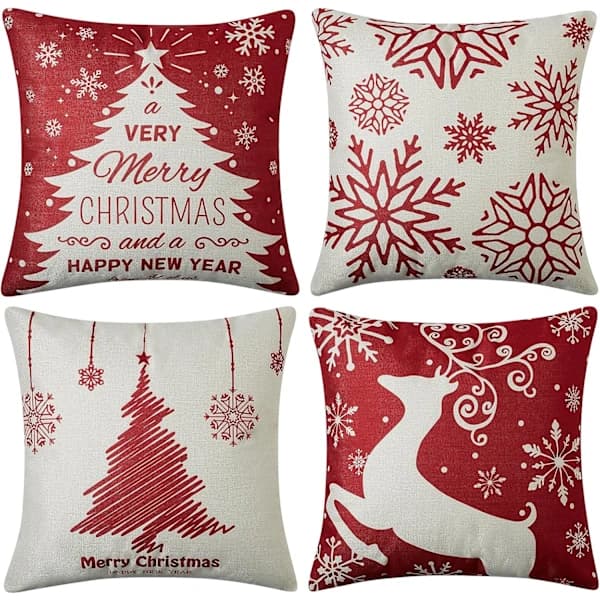 Julkuddar Set om 4, Linne Juldesign Kuddfodral Röda Jul Kuddfodral Kuddfodral för Jul