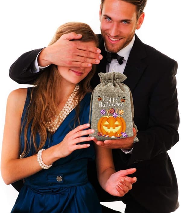 Halloween Jutesäckar med Dragsko 24-pack - Pumpamönster - 10x14 cm - Orange