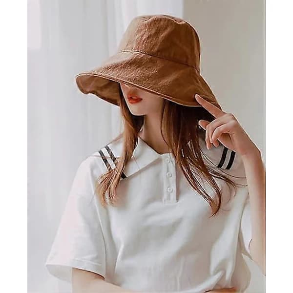 HA~Sommerhat til damer, bredskygget, foldbar solhat til rejser, anti-UV strandhat, 100% børstet bomuld, udendørshat