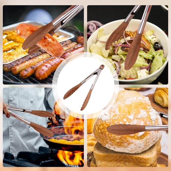 Køkkentang sæt med 2, træ og rustfrit stål, varmebestandig, skridsikker, til madlavning, servering og grill, 9 og 12 tommer
