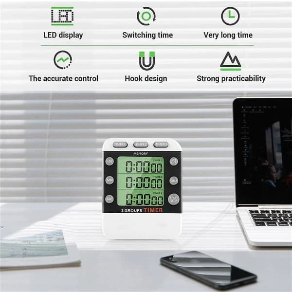 Digital dubbel kökstimer, 3-kanals upp/ner-timer, trippel matlagningstimer, display, högt alarm, lämplig för olika scenarier