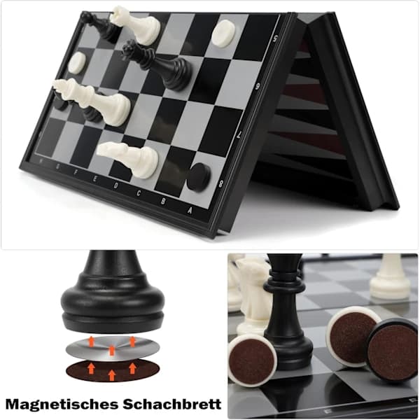 HA~Schackset Backgammon og Dam 3 i 1, Bærbart og Foldbart Skakbræt, Magnetisk Skak, Rejseskakbræt Damespil