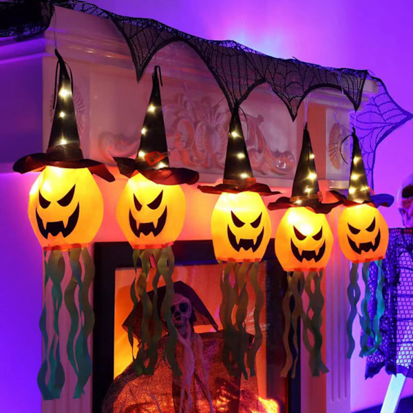 Halloween-ripustuskoristeet Noita Kurpitsa Tuulisoppi Lippu LED-valoilla Sisä- ja Ulkokäyttöön (Oranssit 5 kpl, Yksi Koko)