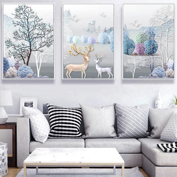 Kehystämätön 3Set Relief Kolmiulotteinen Abstraktio Canvas Maalaus Kuvat Puu ja Peura Taidetuloste Pohjoismainen Relief Kolmiulotteinen Abstraktio Juliste