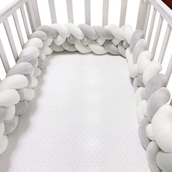 /HA/ Spjälsängsskydd 200CM För Baby Pojke Spjälsäng Dekoration Bomull Enfärgad Tre Delar grå-vit 300CM