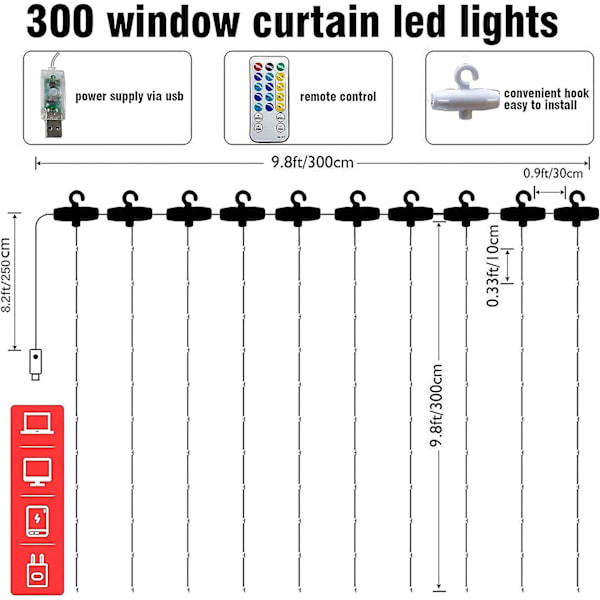 Dazzle Bright gardinljusslingor, 300 LED 9,8ft x 9,8ft 8 belysningslägen Fe-ljus USB-drivna, för jul, fest, bröllop utomhus inomhus