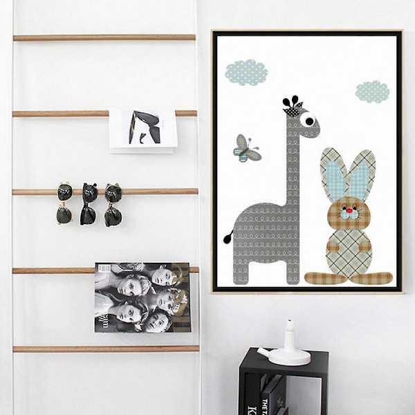 Wekity Grid Cartoon Animals Veggkunst Lerretstrykk Plakat, Enkelt Søtt Enkelt Strøk Kunstmaleri Dekor for Hjem Stue Soverom Kontor og Barn
