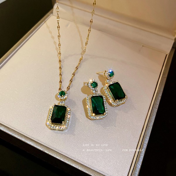 Emerald Jewelry for Women Green Stone Necklace Earrings Set Cute Necklaces with Crystal Dangle Earrings