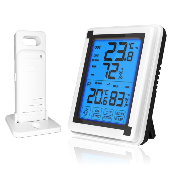Trådlös digital hygrometer inomhus utomhustermometer temperatur och fuktighetsmätare med jätteskärm pekskärm och bakgrundsbelysning 1 st