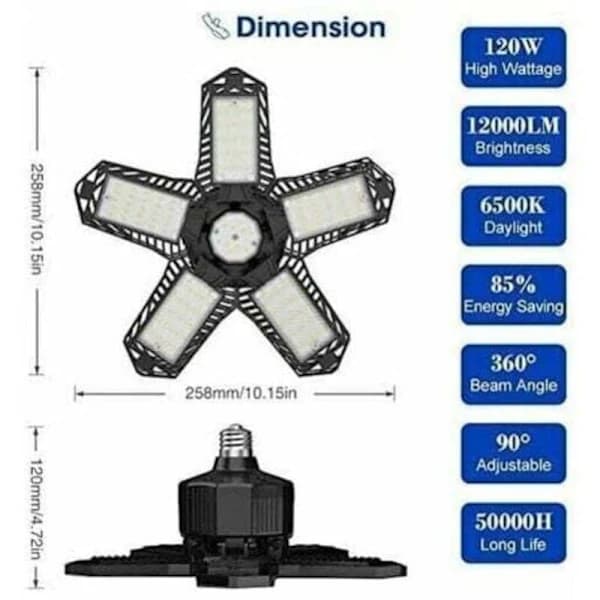 HA-- LED garasjebelysning - 120 W - 12000 lm - Verkstedlampe - Formbare taklamper - E26/E27 paneler - 1 lampe