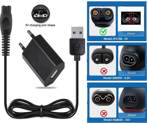 Erstatningsadapter og USB-kabel til Philips CP1788, 5V 1A, 100-240V, 1m, kompatibel med OneBlade trimmere og barbermaskiner, sort