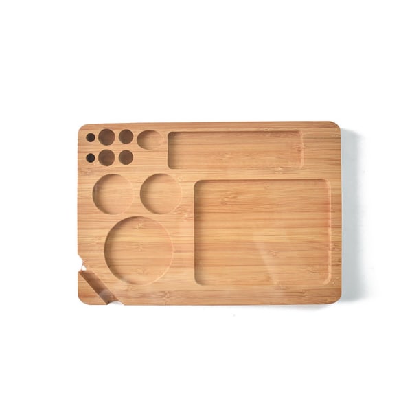 Premium träbricka - 8 specialfack för varje verktyg, slät slipad yta, upphöjda kanter - lätt, naturlig, medium