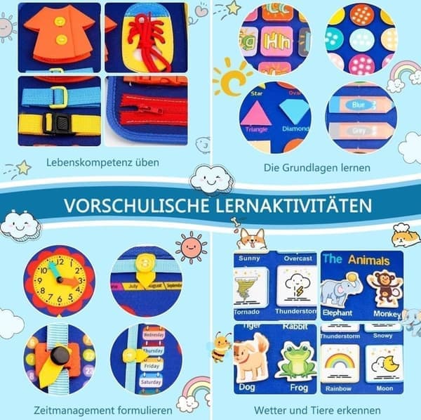 Montessori Busy Board til Børn 1-4 År, 12-Sidet Aktivitetslegetøj med Lynlås