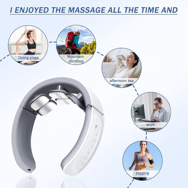 Smart halsmassager med 6 massagehoveder, 42°C varmeterapi, 6 tilstande, 9 intensitetsniveauer, bærbar til hjemmet, kontoret og rejser, grå