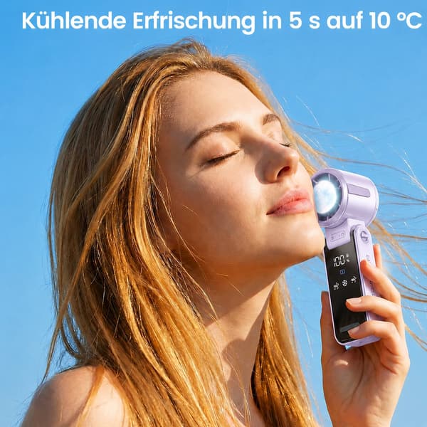 Bærbar håndholdt køleventilator med TEC-køleplade, genopladelig USB-C, LED-display, til rejser, lilla, 17 cm