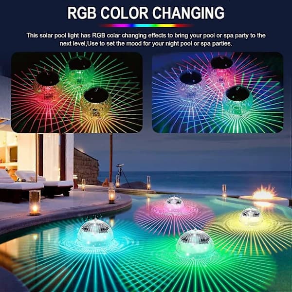 Flydende solcellelamper til pool, Diskolamper med RGB-farveskiftende vandtæt design
