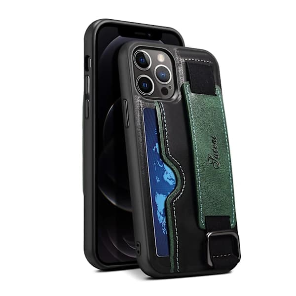 Iskunkestävä iPhone 13 Pro -kuori pidikkeellä, lompakolla ja luottokorttipaikoilla (Vihreä)