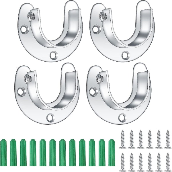 4-pack garderobsstångsfästen, 25 mm rostfritt stålstångsfästen, U-formad flänsstångshållare, garderobsstångsändstöd