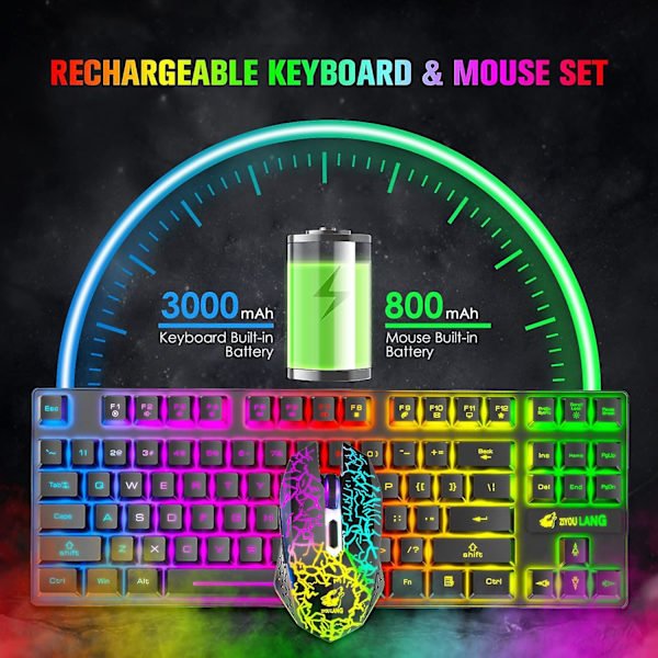 Trådlöst tangentbord och mus-set T87, 87-tangenters mekaniskt tangentbord med spelmus, RGB, laddningsbart, multimediatangentbord för PC-dator