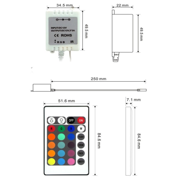 RGB LED-remsa med 24-knapps IR-fjärrkontroll och vit IR-kontroller