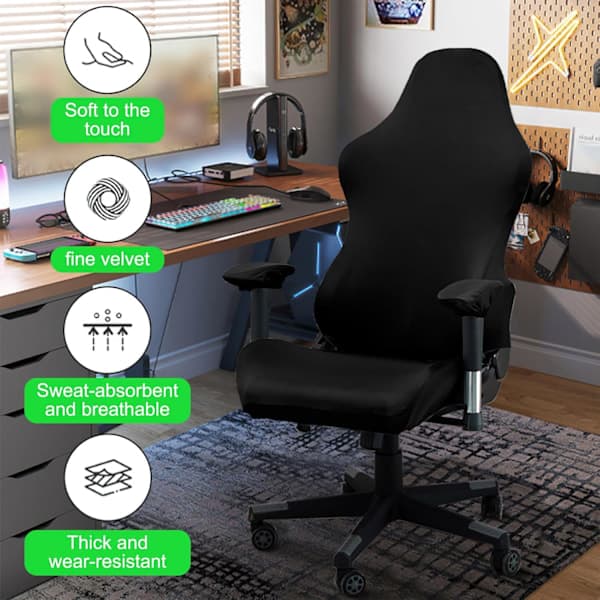 Gamingstolbeskyttelse, med armlener svart elastisk stoltrekk vaskbart, for gamingstol kontorstol snurrestol